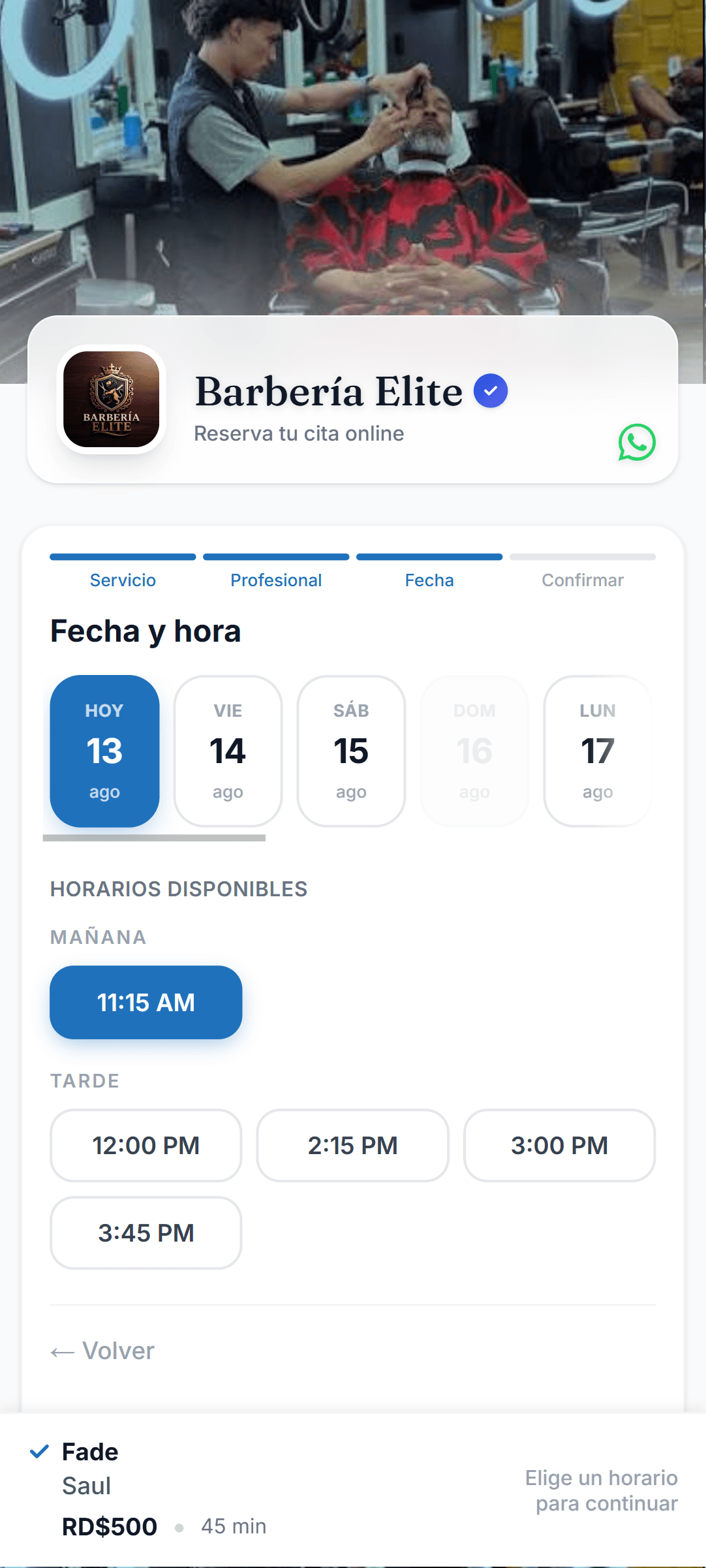 Pantalla de Hubven Reservas en el celular