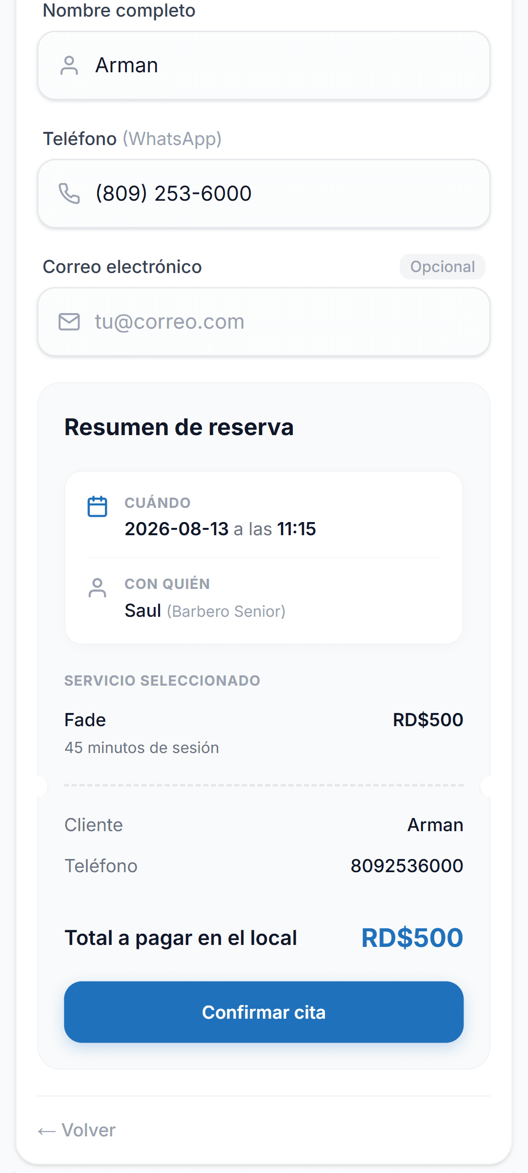 Pantalla de Hubven Reservas en el celular